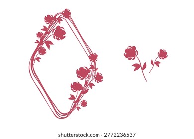 A decorative design features a reddish-pink floral frame in a rounded rhombus shape, adorned with multiple blooming flowers and leaves.