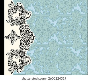 decorative design featuring floral elements and a stylized lamp or vase shape against a textured background, for textile, wallpaper, gift wrapping.
