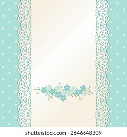 Um design decorativo com um fundo azul claro com pontos polka, bordas de renda e um arranjo floral.