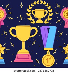 Decorative design of golden trophies, medals, and laurels on a dark background. Great for awards or recognition visuals. Vector illustration