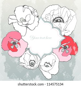 Decorative  design for greeting card or invitation. Vector illustration with ornamental poppy flowers. Wedding card or invitation. Delicate pattern