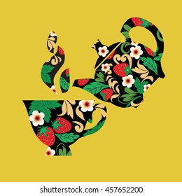 Decorative design Hand drawn Vector illustration set of Teapot and cup berries and flowers in Traditional folk ornament.
