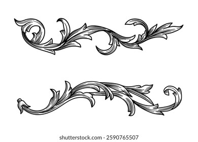 Decorative design Japanese filigree calligraphic heraldic swirl vector illustration. Vintage Baroque Victorian engraving ornament floral leaf pattern