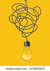 Decorative design lightbulb. Messy line and bulb. Idea concept with outline lamp. Doodle tangled cord with knot and illuminator