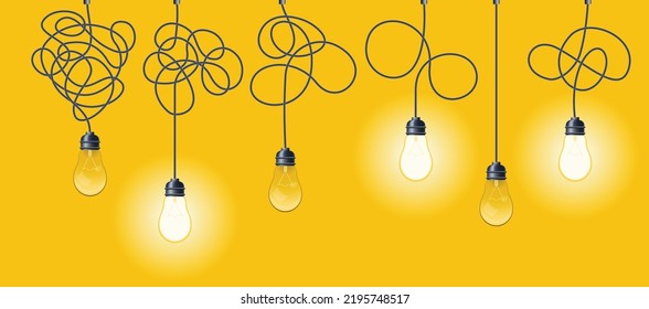 Decorative design lightbulb set. Messy lines and bulb. Idea concept with outline lamps. Doodles tangled cord with knot and illuminator