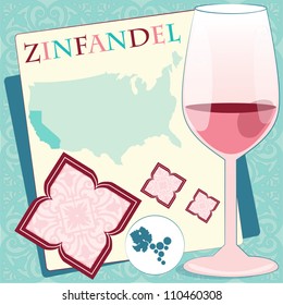 Decorative design for menu, invitation, card  with  glass for California red wine - zinfandel on arabesque background