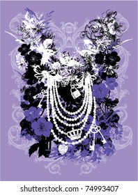 decorative design of mixed jewelry and floral elements