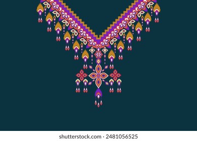 Decorative design for neckline Geometric shapes and ethnic oriental pattern traditional and design floral necklace for fashion women wearing fabric textile print beautiful art colorful.