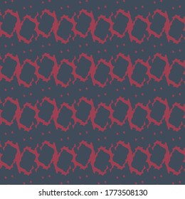 Decorative design with rounded or ragged contours composed of rectangular shapes and sinuous stripes dotted from place to place. Textile pattern in dark shades of blue and red.