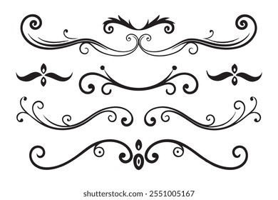 Decorative design set featuring elegant swirls and curlicues, showcasing intricate and artistic elements flat vector illustration