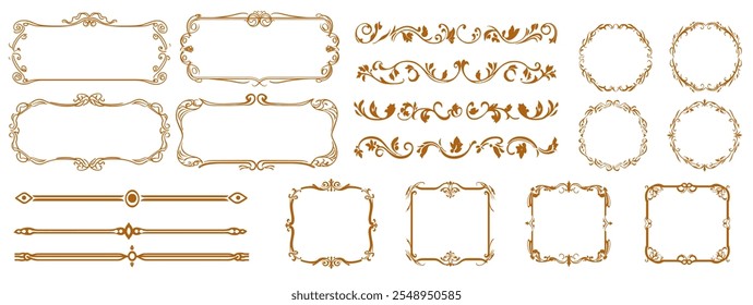 Decorative design set featuring flourish borders, corner elements, and frames, ideal for invitations, menus, and page embellishments. Perfect for enhancing layouts with elegant vector details.