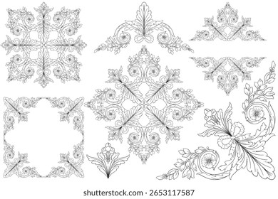 Decorative design set featuring flourish borders, corner elements, and frames, ideal for invitations, menus, and page embellishments. Perfect for enhancing layouts with elegant vector details.
