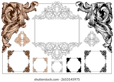 Decorative design set featuring flourish borders, corner elements, and frames, ideal for invitations, menus, and page embellishments. Perfect for enhancing layouts with elegant vector details.