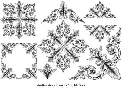Decorative design set featuring flourish borders, corner elements, and frames, ideal for invitations, menus, and page embellishments. Perfect for enhancing layouts with elegant vector details.