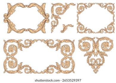 Decorative design set featuring flourish borders, corner elements, and frames, ideal for invitations, menus, and page embellishments. Perfect for enhancing layouts with elegant vector details.