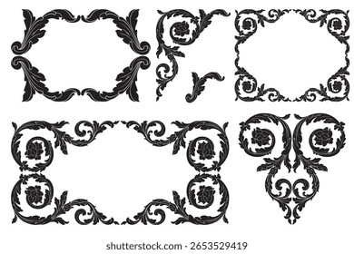 Decorative design set featuring flourish borders, corner elements, and frames, ideal for invitations, menus, and page embellishments. Perfect for enhancing layouts with elegant vector details.