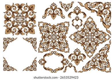 Decorative design set featuring flourish borders, corner elements, and frames, ideal for invitations, menus, and page embellishments. Perfect for enhancing layouts with elegant vector details.