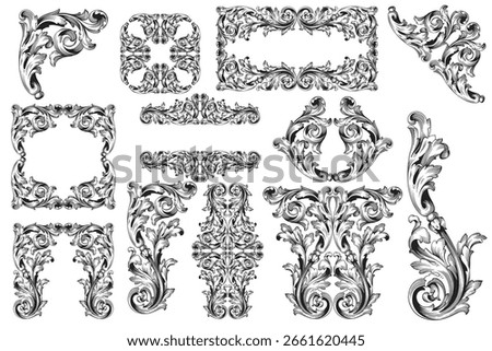 Decorative design set featuring flourish borders, corner elements, and frames, ideal for invitations, menus, and page embellishments. Perfect for enhancing layouts with elegant vector details.