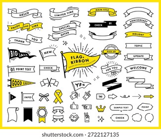 Conjunto de diseño decorativo con cintas y banderas. Incluye flechas y burbujas de discurso.