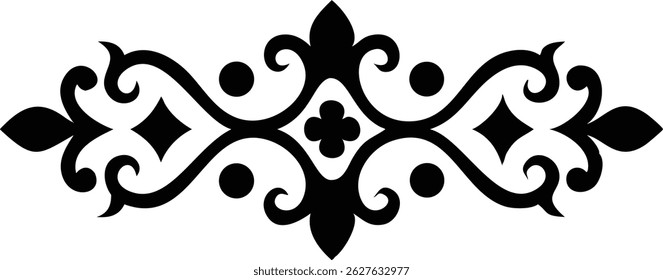 A decorative design showcases a symmetrical black flourish scroll element on a stark white backdrop, perfect for various embellishments and creative projects requiring a refined touch.