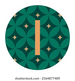 A decorative design showcasing the letter “I” within a green geometric circle with gold star accents. Ideal for creative branding, packaging, or digital design.