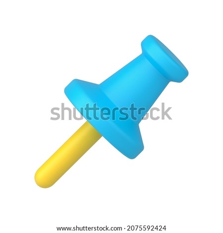 Decorative design stationery blue push pin with yellow needle for comfortable attaching paper documents 3d icon vector illustration. Thumbtack for fixing memo blank, reminder notes isolated on white