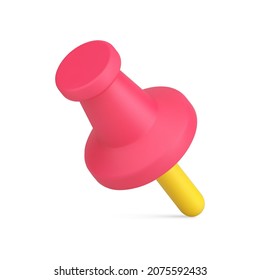 Decorative design stationery red push pin with yellow needle for comfortable attaching paper documents 3d icon vector illustration. Thumbtack for fixing memo blank, reminder notes isolated on white