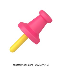 Decorative design stationery red push pin with yellow needle for comfortable attaching paper documents 3d icon vector illustration. Thumbtack for fixing memo blank, reminder notes isolated on white