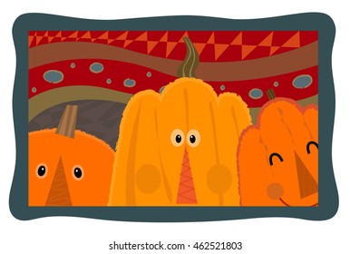 Decorative design of three cute pumpkins on a textured background. Eps10
