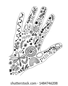 Decorative design with vector hand and floral elements, flowers and leaves, love card doodle set in hand drawn style isolated on white background