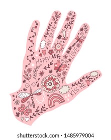 Decorative design with vector hand and floral elements, flowers and leaves, love card doodle set in hand drawn style