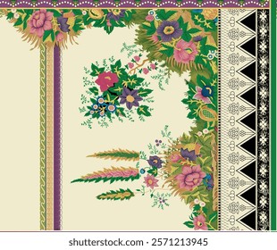 Decorative designs with floral arrangements and geometric borders for stylish prints.