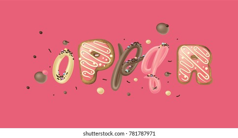 Decorative dessert font set with letters o, P, p, q, R on pink background. 