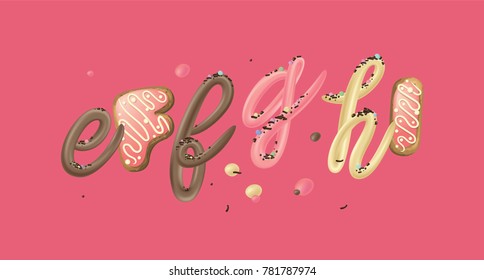 Decorative dessert font set with letters e, F, f, g, h, I on pink background. 3D render of  colorful candy font. Rose glazed donut font concept with vanilla cream. 3d realistic typography vector.