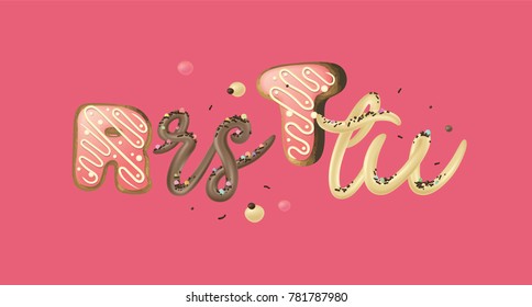 Decorative dessert font set with letters R, r, s, T, t, u on pink background. 3D render of  colorful candy font. Rose glazed donut font concept with vanilla cream. 3d realistic typography vector.