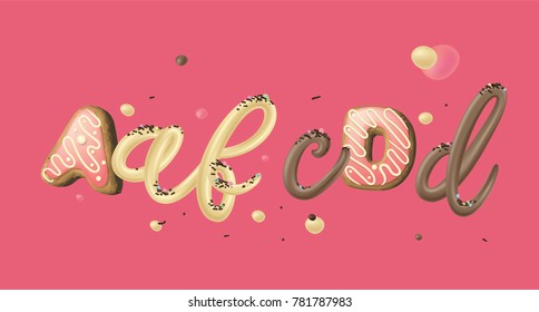 Decorative dessert font set with letters A, a, b, c, D, d on pink background. 3D render of  colorful candy font. Rose glazed donut font concept with vanilla cream. 3d realistic typography vector.