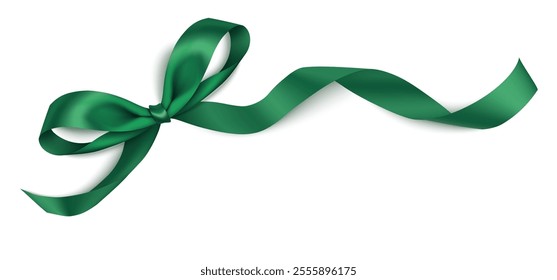 Decorative diagonally green bow with green swirl ribbon on the corner isolated on white. Beautiful New year or Christmas decoration for your design. Vector stock illustration.