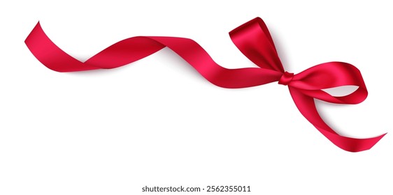 Decorative diagonally red bow with long red swirl ribbon on the corner isolated on white. Beautiful Christmas or Valentine day decoration for your design. Vector stock illustration.