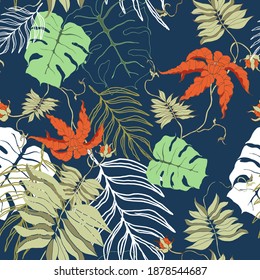 Decorative differen tropical leaves for design. Seamless pattern on a deep blue background. Vector illustration.