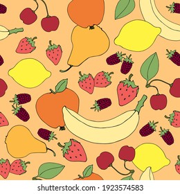 Decorative different fruit on orange background. Vector seamless pattern.