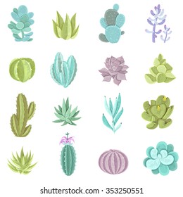Decorative different types of cactus icons set with thorns flat isolated vector illustration 