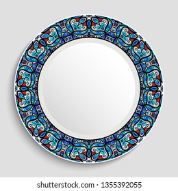 Decorative dinner plate with ornamental border on white background. Ceramic dish with round pattern in ethnic style. Top view. Vector illustration