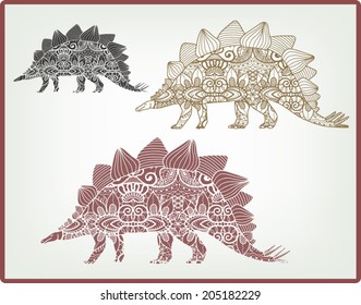 Decorative dinosaur, cartoon stegosaurus, detailed ornament in tattoo graphic style, lace pattern, vector illustration