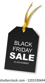 Decorative discount tag with gold ribbon isolated on white for Black Friday SALE design. Vector illustration