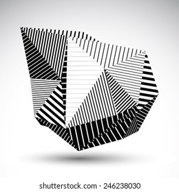 Decorative distorted eps8 element with parallel black lines. Multifaceted asymmetric contrast stencil element.