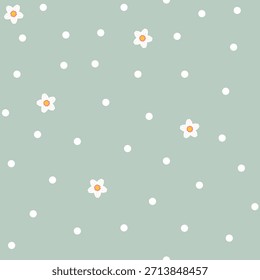 Fundo de vetor de bolinhas de polca. Tecido e design de padrão de superfície com flores e pontos simples bonitos. Padrão sem emenda retrô. Cottage estética vintage groovy allover impressão.