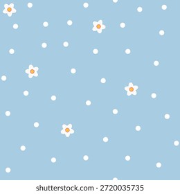Decorative ditsy polka dot vector background. Fabric and surface pattern design with cute simple flowers and points. Retro seamless pattern. Cottage aesthetic vintage groovy allover print.