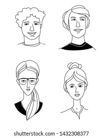 Decorative diverse Caucasian white euripean american women's men's head portraits. Mono-ethnic team gruop crowd community. Hand drawn grunge line drawing doodle black and white vector illustration