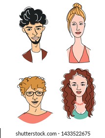 Decorative diverse Caucasian white euripean american women's men's head portraits. Mono-ethnic team gruop crowd community. Hand drawn grunge line drawing doodle colored vector illustration