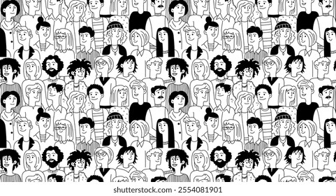 Decorative diverse female male heads seamless background pattern. Diverse multiethnic group. Vector doodle illustration